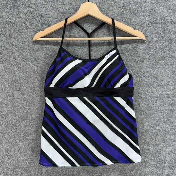 Nike Tankini Top Women 10 Blue Striped Sleeveless Push Up Spaghetti Strap Swim - Picture 1 of 8